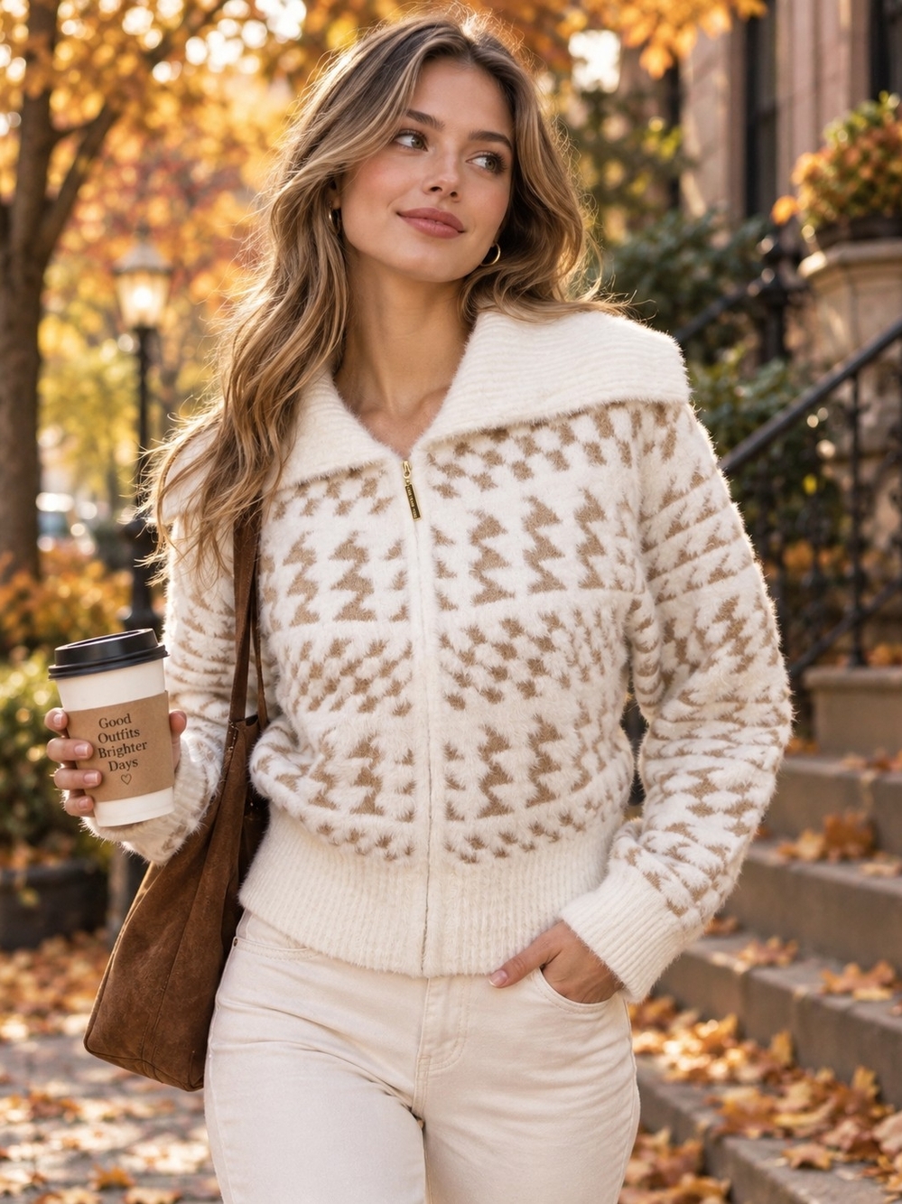 Marc New York Andrew Marc White Tan Fuzzy Houndstooth Zip Sweater Jacket S NWT